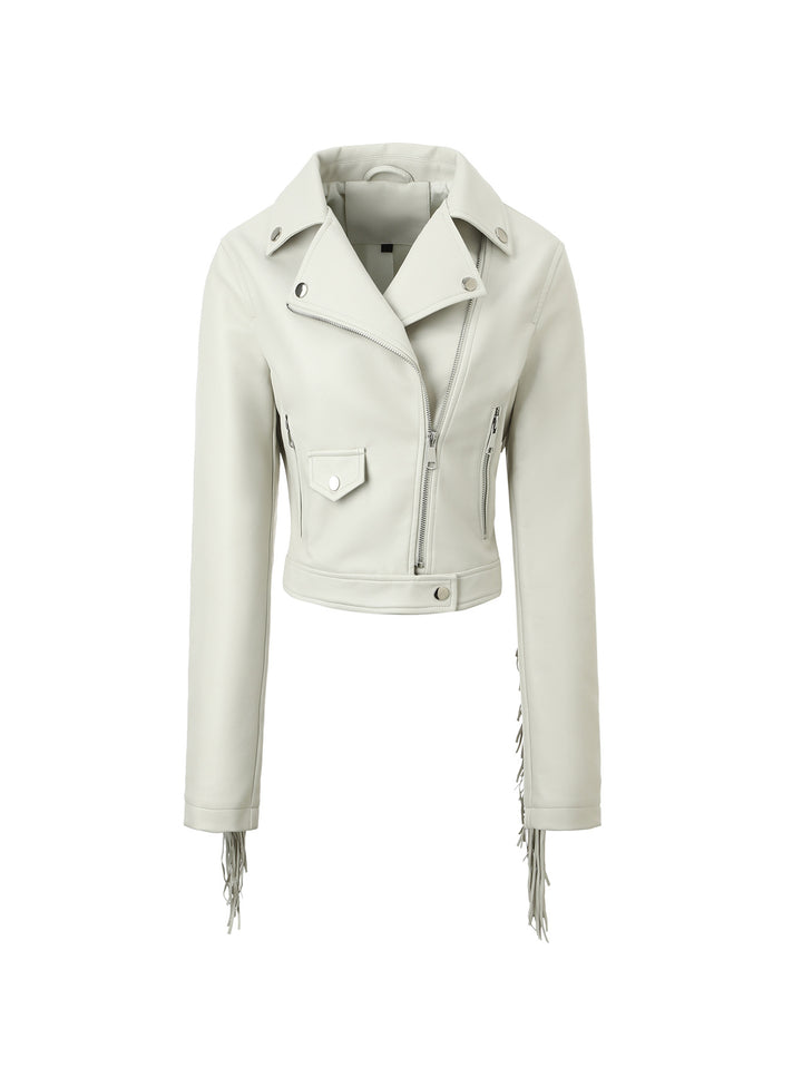 Women's short motorcycle jacket in leather look with fringe sleeves and asymmetrical zipper Mune Fashion