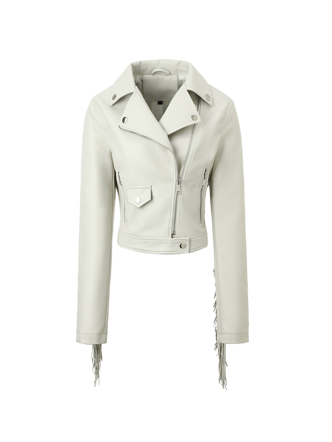Women's short biker leather jacket with fringed sleeves and asymmetrical zipper Mune Fashion