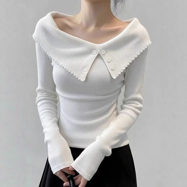 Ladies Elegant Sweater with Wide Collar and Button Details Mune Fashion