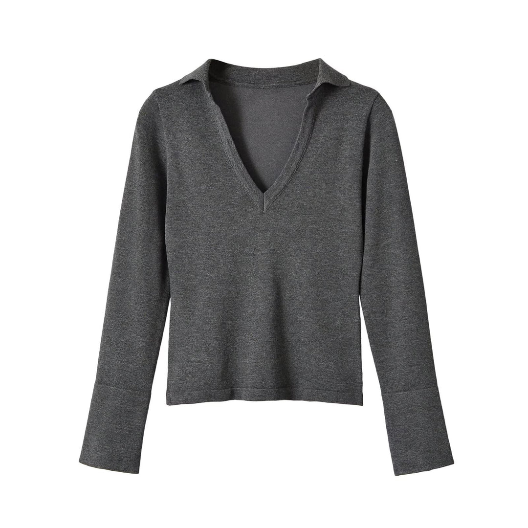 Ladies fine knit long sleeve with deep V-neck and shirt collar Mune Fashion