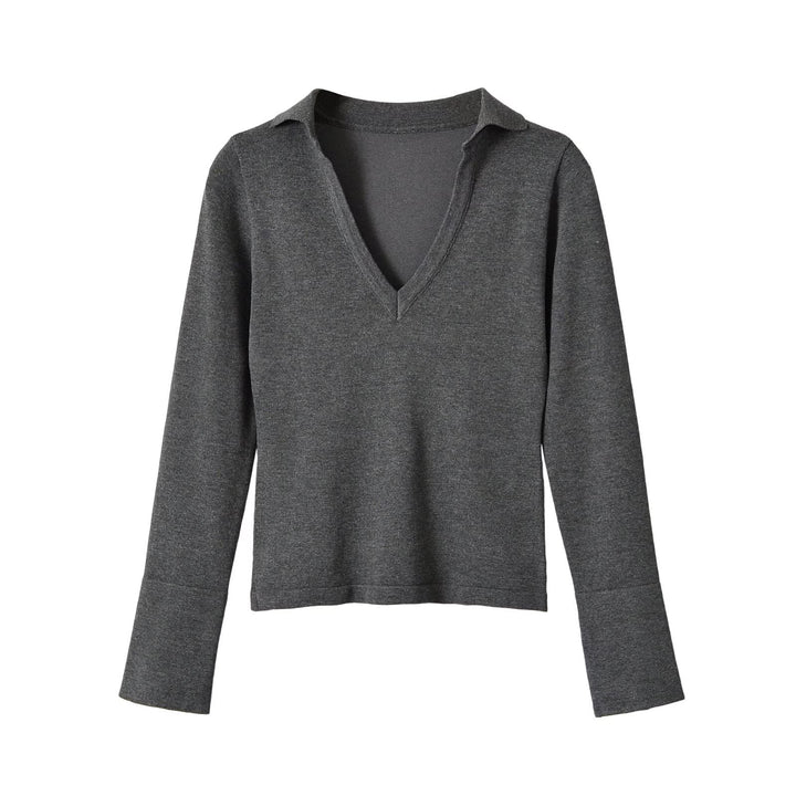 Ladies fine knit long sleeve with deep V-neck and shirt collar Mune Fashion