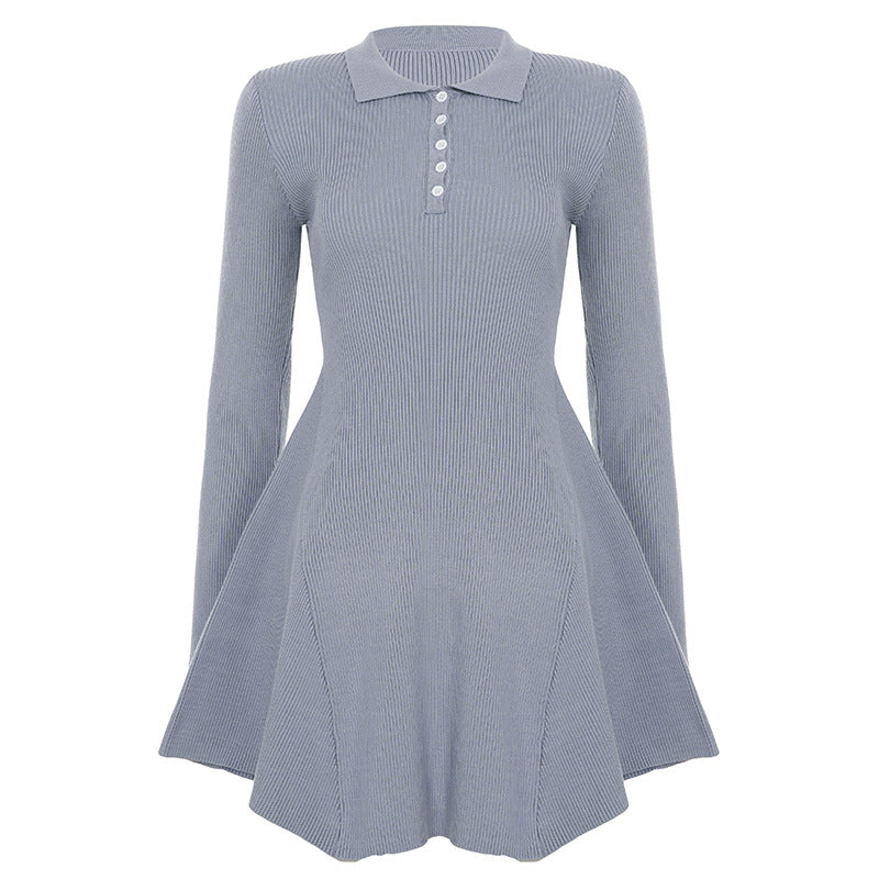 Ladies knitted polo dress with tailored bodice and flared ruffled skirt Mune Fashion