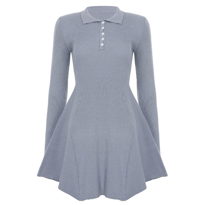 Ladies knitted polo dress with tailored bodice and flared ruffled skirt Mune Fashion