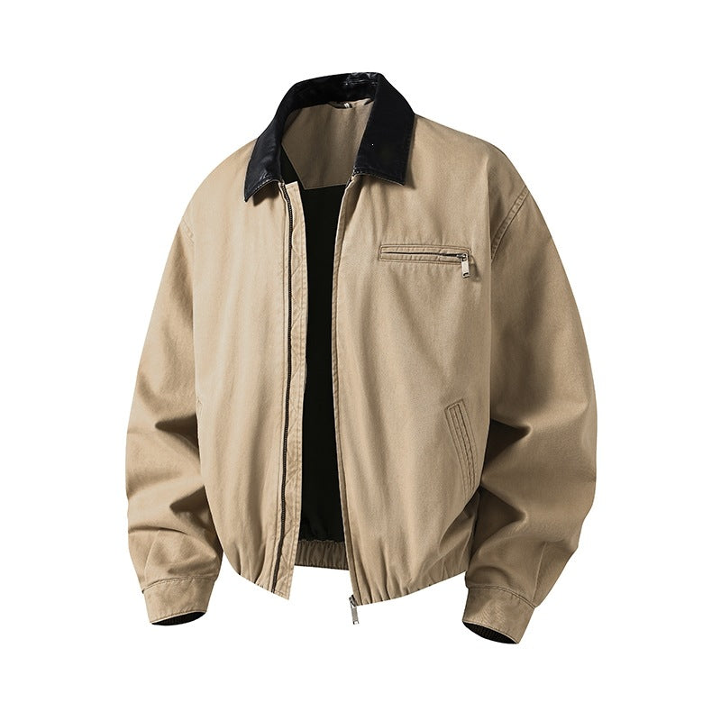 Men's Boxy-Denim Overshirt Jacket with Leather Collar, Chest Pocket with Zipper & Elastic Hem Mune Fashion