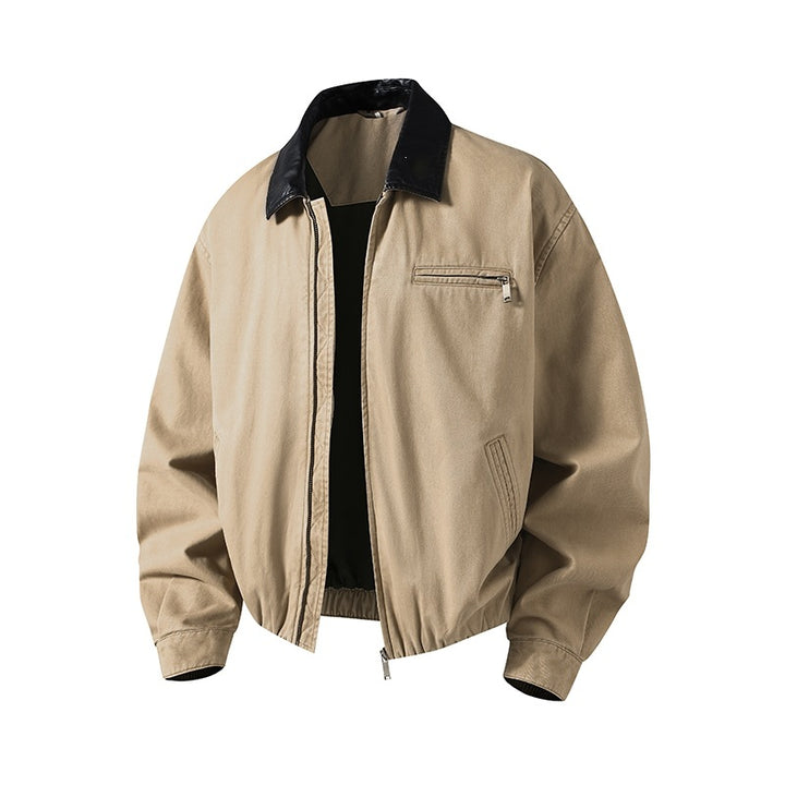 Men's Boxy-Denim Overshirt Jacket with Leather Collar, Chest Pocket with Zipper & Elastic Hem Mune Fashion