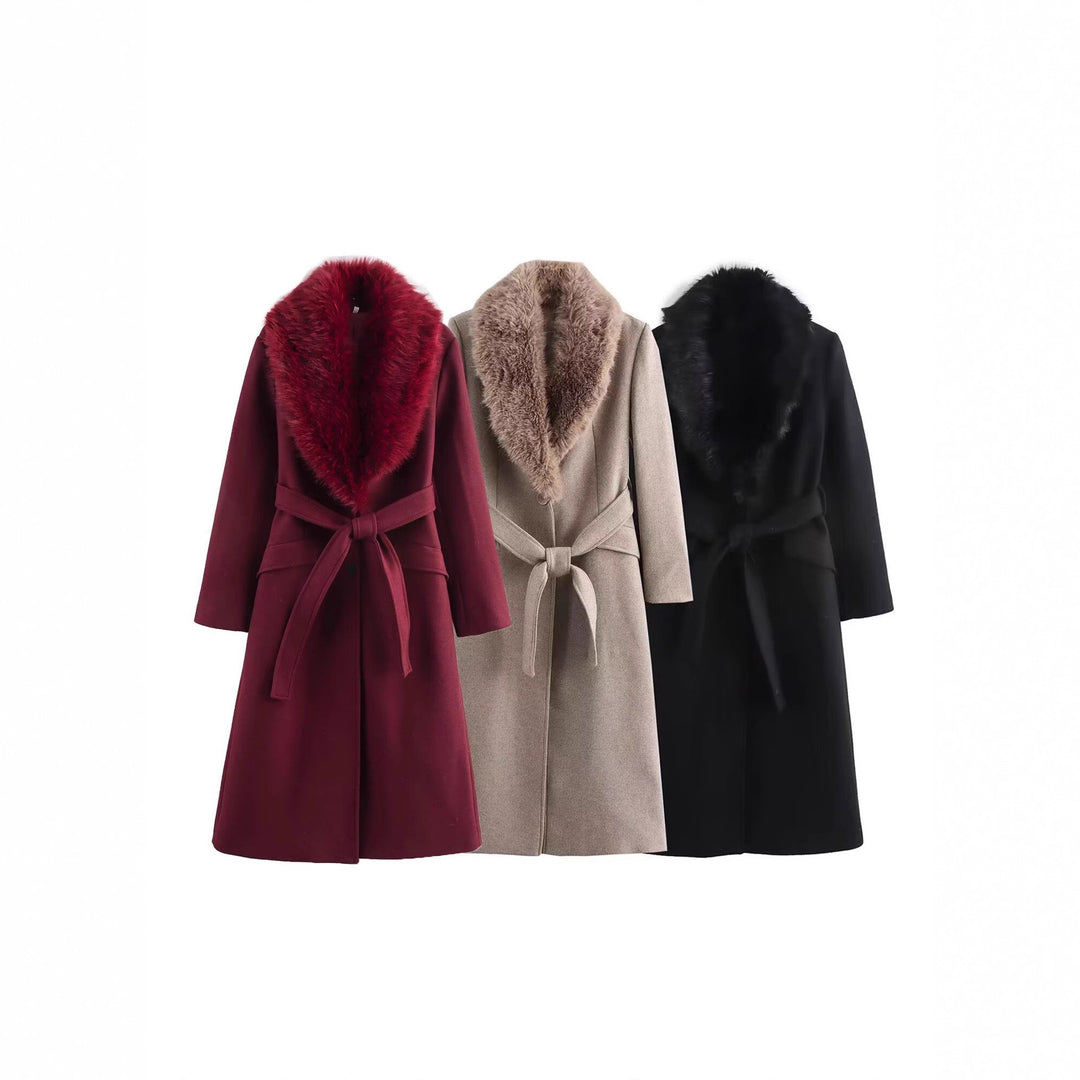 Women's wool coat with removable faux fur shawl collar and belted waist Mune Fashion