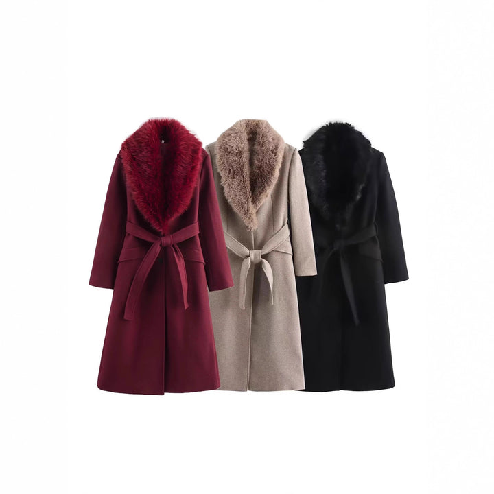Women's wool coat with removable faux fur shawl collar and belted waist Mune Fashion