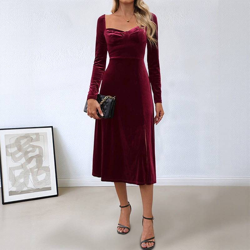 Ladies Elegant Velvet Midi Dress with Shoulder Pads and Slit Mune Fashion