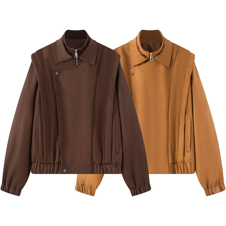 Women's short bomber-style jacket with stand-up collar and asymmetrical snap button placket Mune Fashion