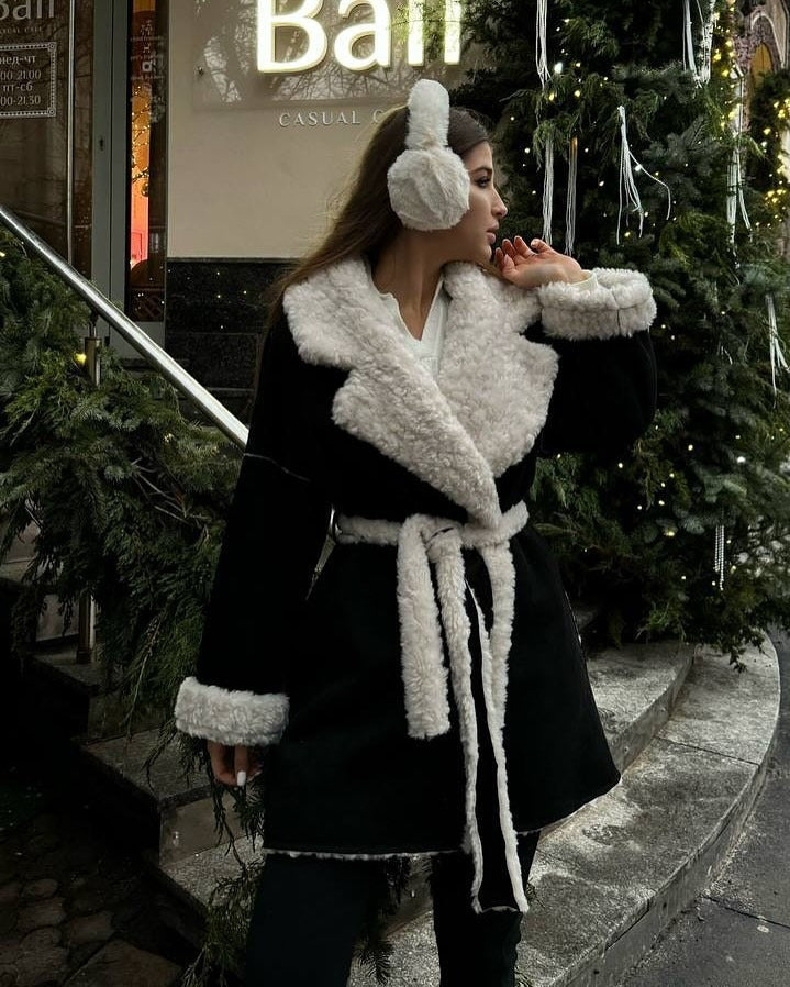 Women Short Oversized Winter Coat with Teddy Lining and Waist Belt Mune Fashion