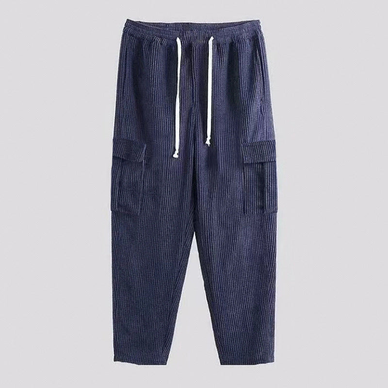 Men's ribbed comfortable cargo pants with elastic drawstring waistband and low-set flap pockets Mune Fashion
