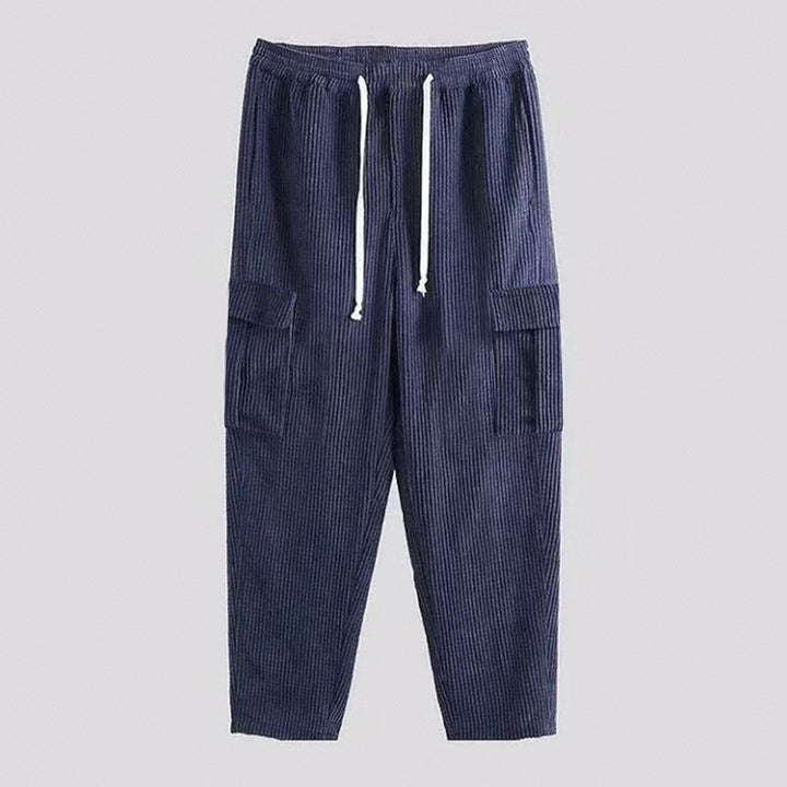 Men's ribbed comfortable cargo pants with elastic drawstring waistband and low-set flap pockets Mune Fashion