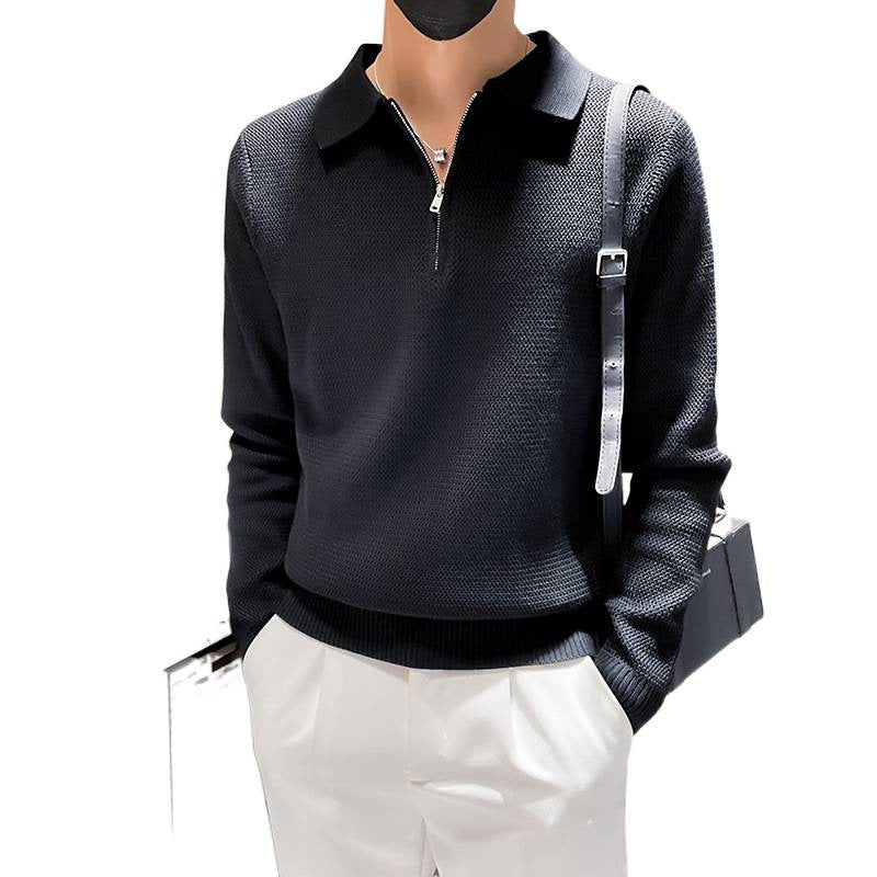 Men's Structured Half-Zip Knit Polo Sweater with Zipper Collar Mune Fashion