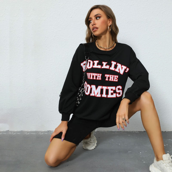 Women's Oversize College Sweatshirt with large front print, round neck & ribbed hem