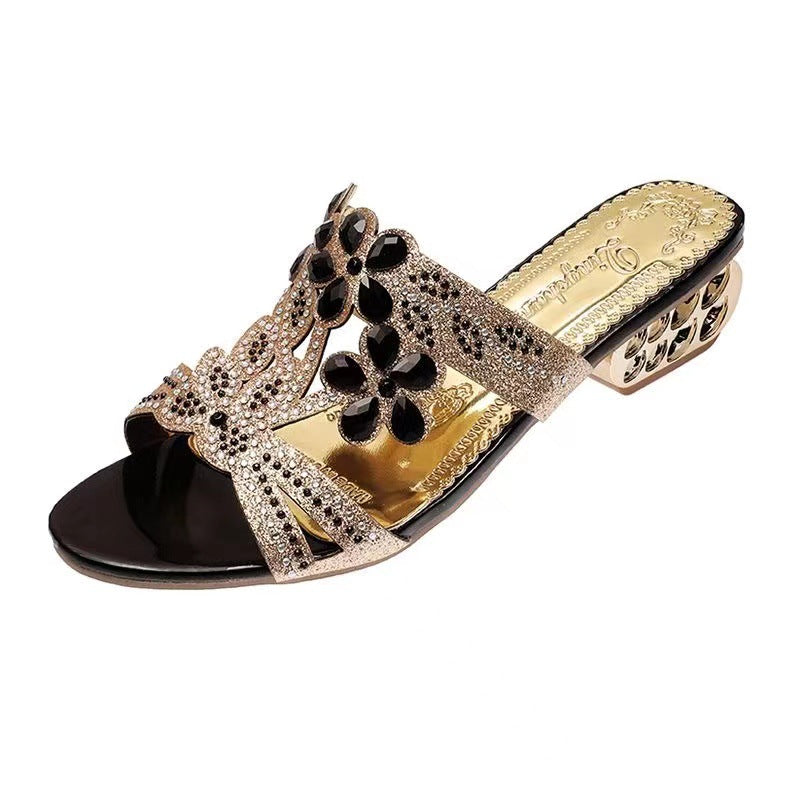 Women's nan embellished strappy sandals with mid-high geometric block heel and crystal flowers Mune Fashion