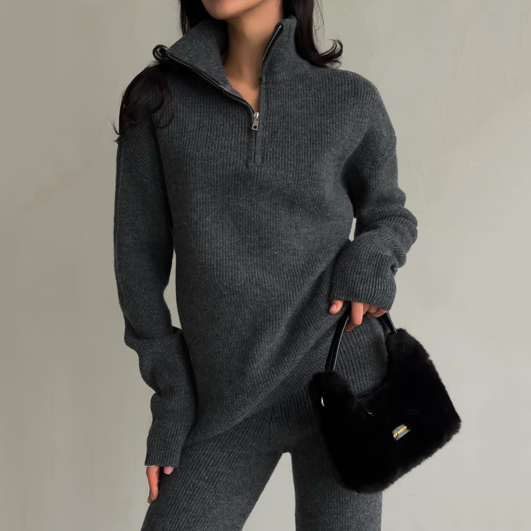 Women's Rib Knit Loungewear Set with Half Zip Long Sweater and High Waist Ripple Leggings Mune Fashion