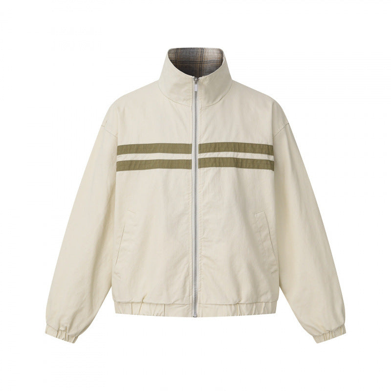 Unisex short cut boxy blouson jacket with stand collar, double stripe detail and checked inner lining Mune Fashion
