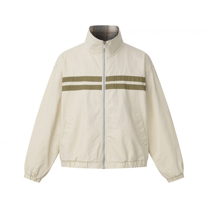 Unisex short cut boxy blouson jacket with stand collar, double stripe detail and checked inner lining Mune Fashion