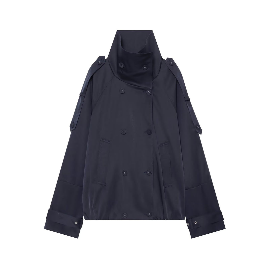 Women's Cape-like Short Double-breasted Trench Coat with High Stand Collar and Adjustable Cuffs Mune Fashion