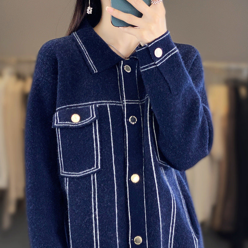 Women's Oversized Knit Jacket in Denim Jacket Look with Contrasting Seam Details and Chest Pocket Mune Fashion