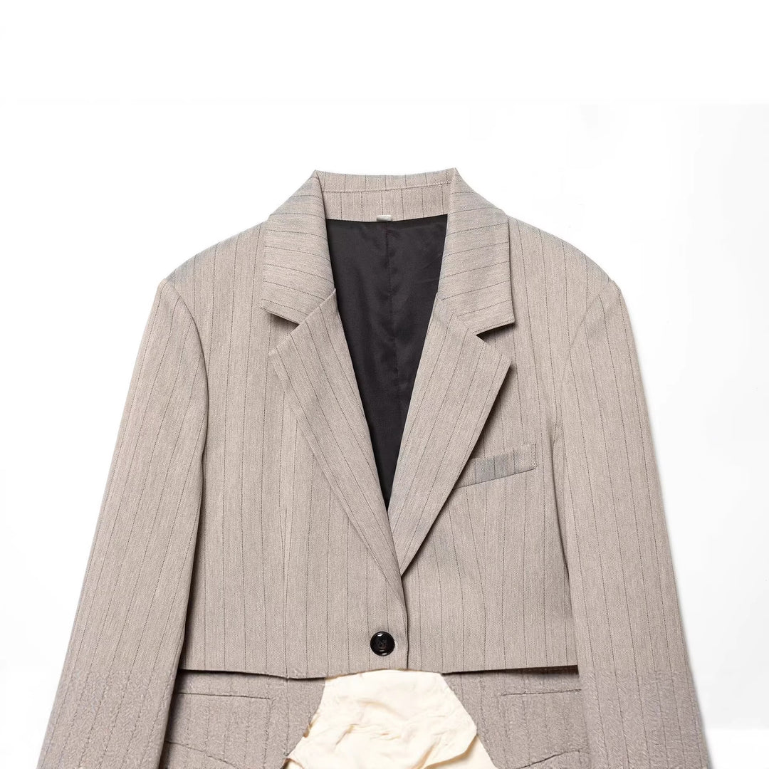 Women's Tailored Pinstripe Blazer with Contrast Belt and Notched Collar Mune Fashion