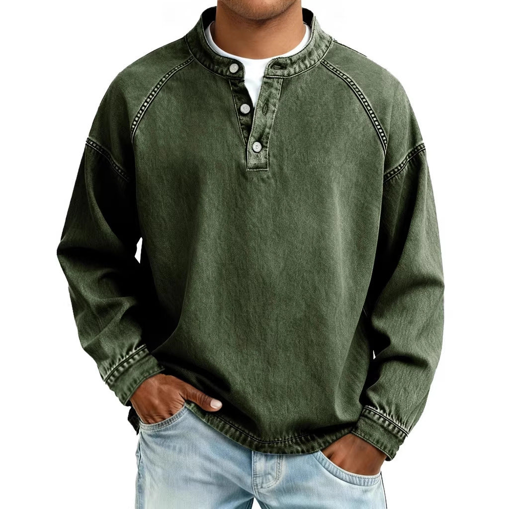 Men's faded Henley shirt with stand-up collar, loose fit and button placket Mune Fashion