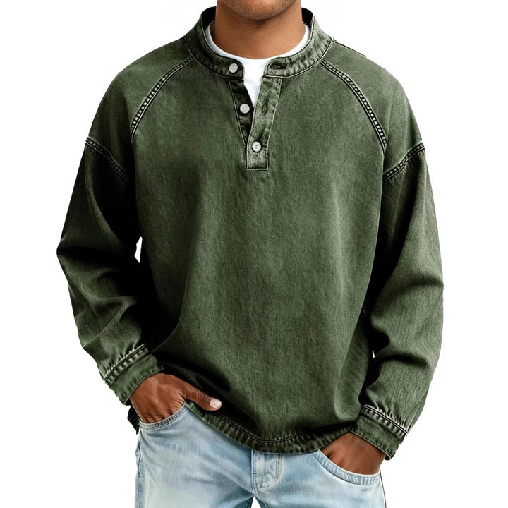 Men's faded Henley shirt with stand-up collar, loose fit and button placket Mune Fashion