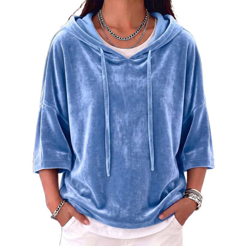 Women Oversize Velvet Half-Sleeve Hoodie with Drawstring and Pockets Mune Fashion