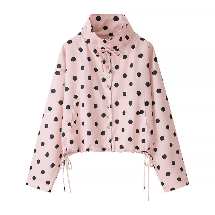 Women's short jacket in rain parka style with stand-up collar, drawstring and polka dot print Mune Fashion