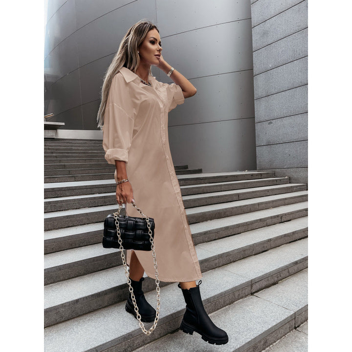 Women's Long Oversized Shirt Dress with Continuous Button Placket, Cuffed Sleeves and Deep Side Slit Mune Fashion