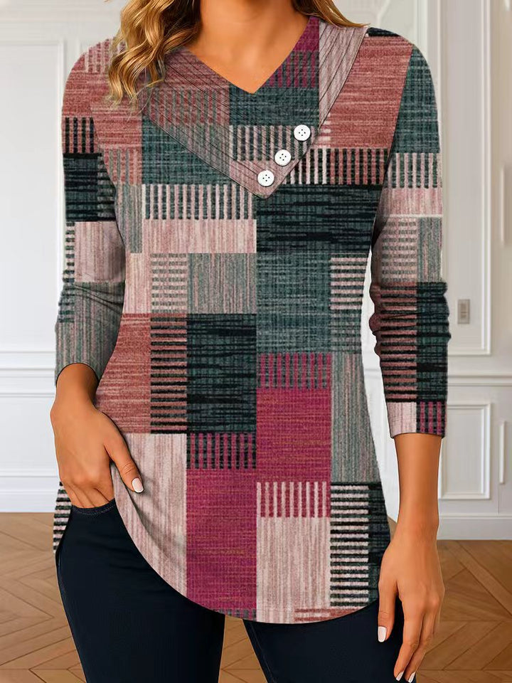 Women's long sleeve tunic with asymmetric V-neck, decorative button placket, and checkered patchwork pattern Mune Fashion