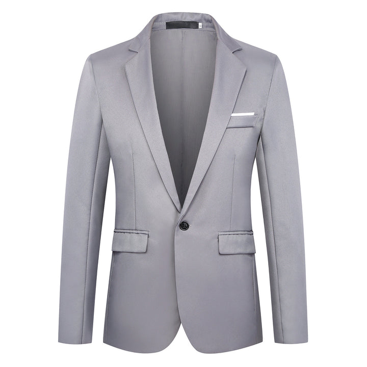 Men's fitted single-breasted satin blazer with single-button closure and shawl collar look Mune Fashion