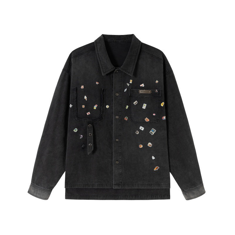 Men's overshirt made of denim with applied pin patches and used details Mune Fashion