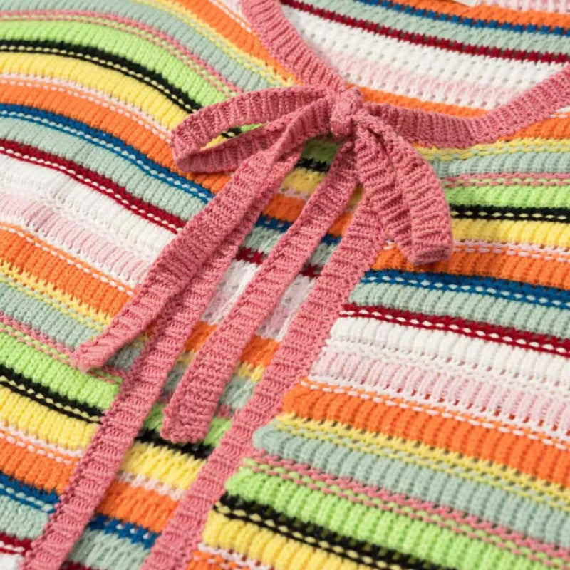 Ladies Colorful Cropped Openwork Knit Cardigan with Ties and Ribbed Hem Mune Fashion