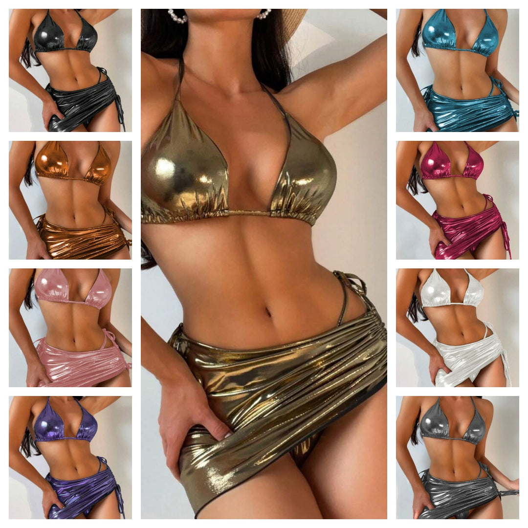 Women's High Gloss Triangle Bikini with Wrap Skirt Mune Fashion