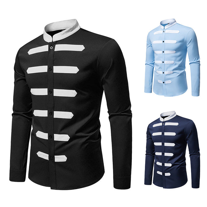 Men's Slim-Fit Shirt with Stand Collar and Decorative Piping Stripes Mune Fashion