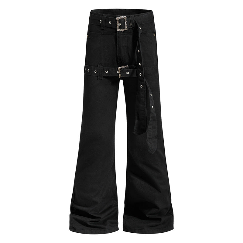 Women's High-Waist Flared Cargo Pants with Wide Leg, Double Belt and Metal Eyelets Mune Fashion