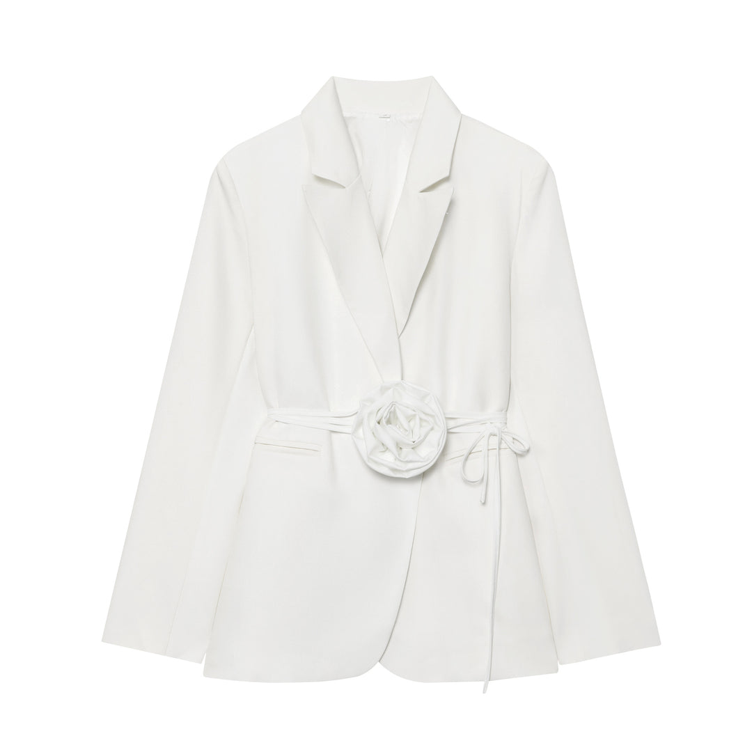 Women's tailored blazer with decorative rose appliqué and tie belt Mune Fashion