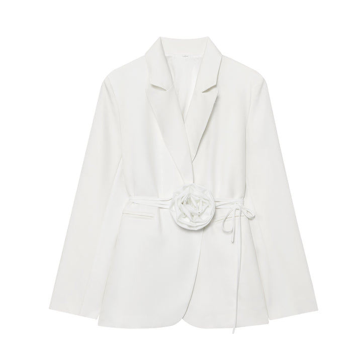Women's tailored blazer with decorative rose appliqué and tie belt Mune Fashion