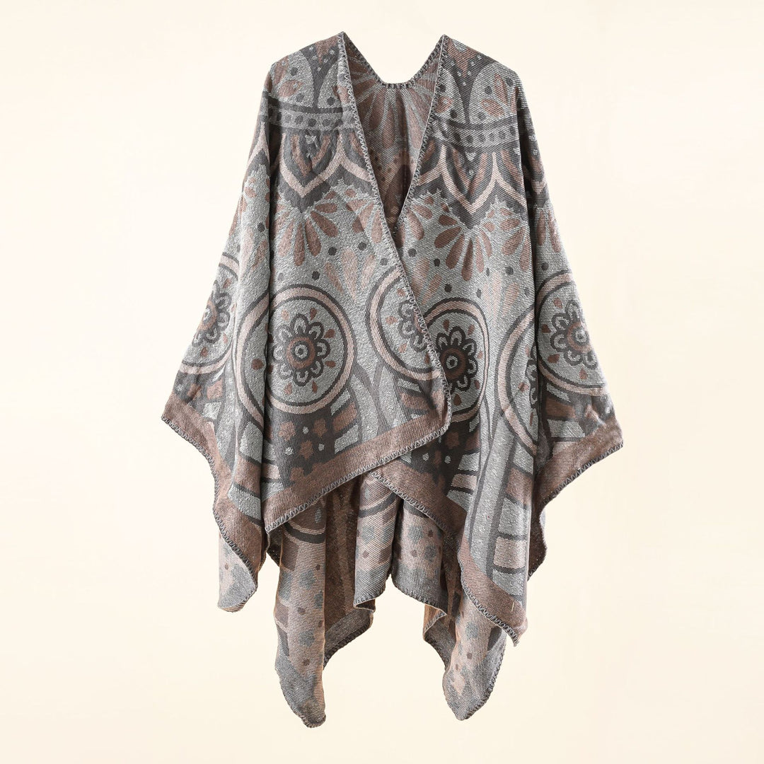Women's wool blend cape poncho with ornamental jacquard structure and open fall Mune Fashion