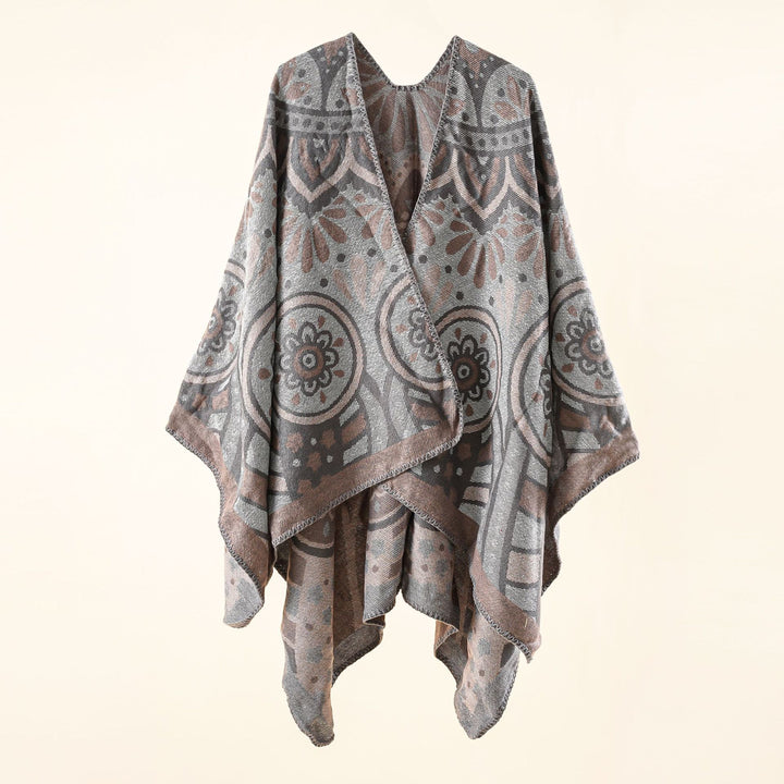 Women's wool blend cape poncho with ornamental jacquard structure and open fall Mune Fashion