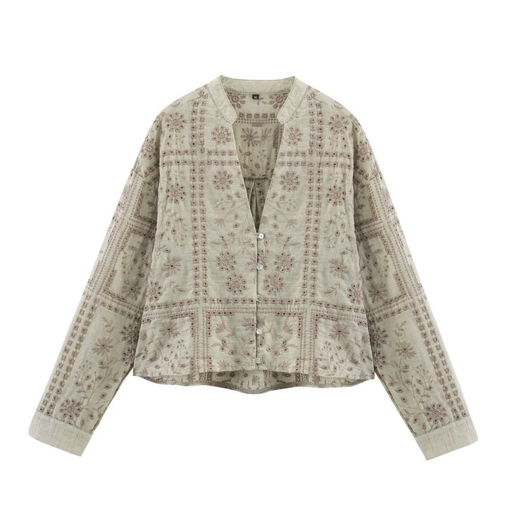 Ladies Embroidered V-Neck Boxy Blouse Jacket with Patchwork Embroidery Mune Fashion