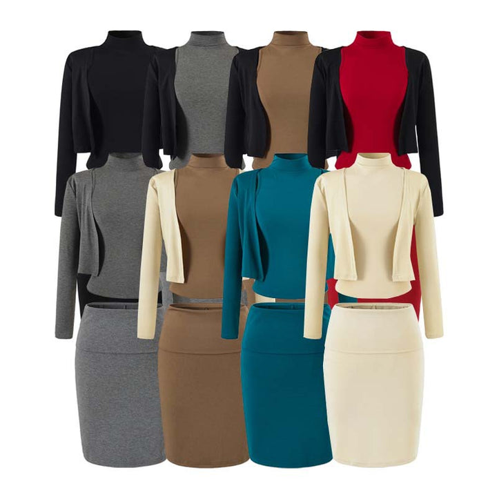 Ladies two-piece business knit set with turtleneck top, bolero, and pencil skirt Mune Fashion