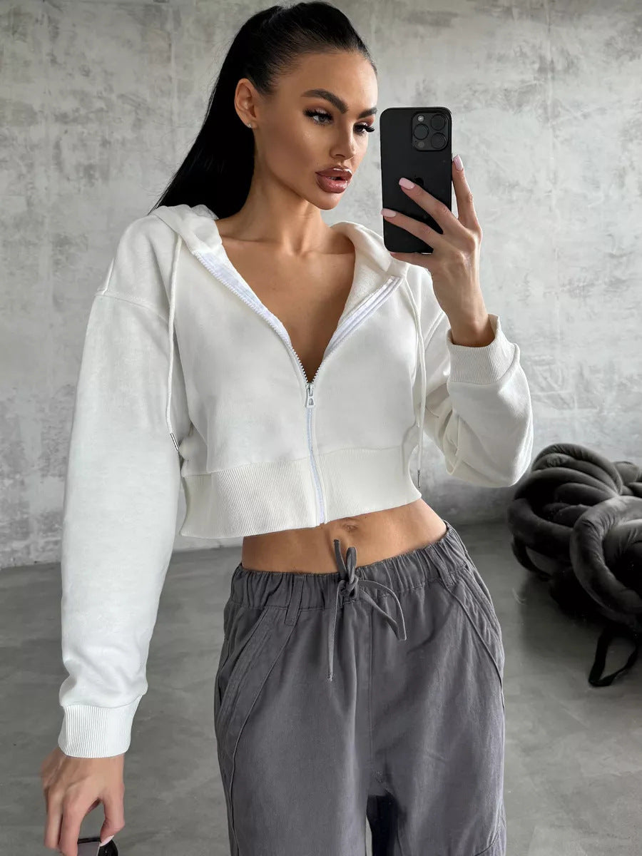 Women's Cropped Hooded Jacket with Short Zipper and Wide Ribbed Cuff Mune Fashion