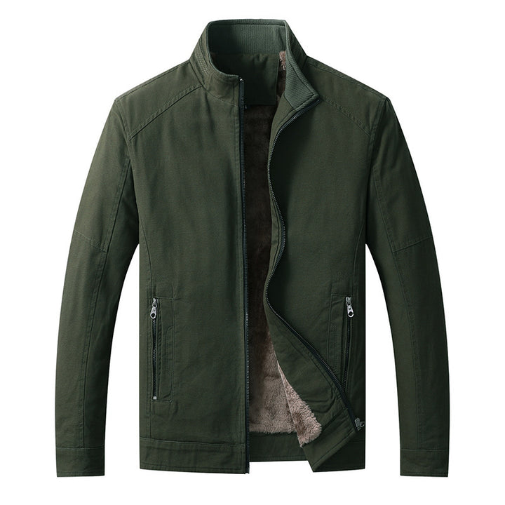Men's Canvas Field Jacket with Teddy Fleece Lining, Stand Collar and Zipper Mune Fashion