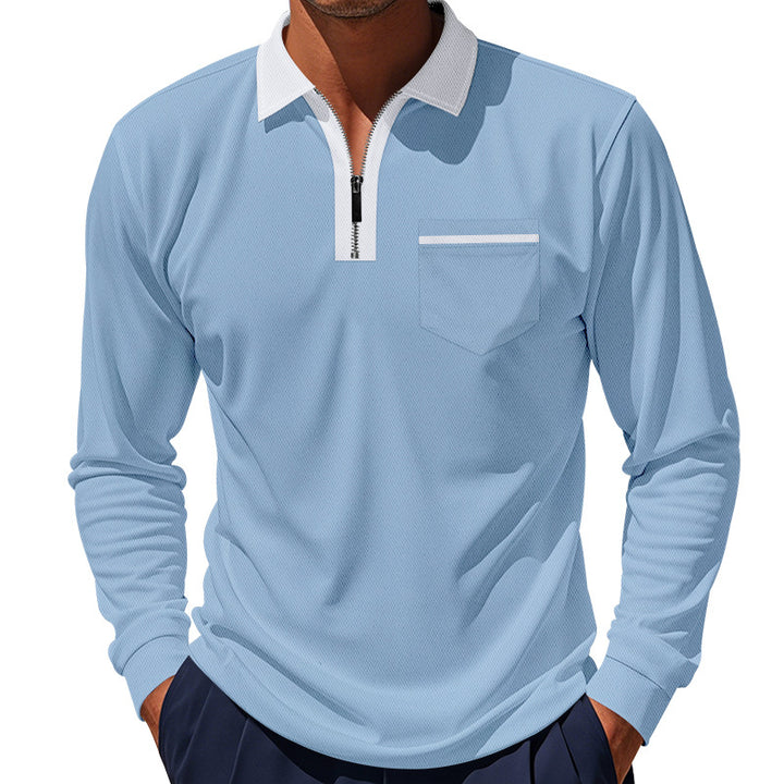 Men's long-sleeved zip polo shirt with chest pocket and contrast collar Mune Fashion
