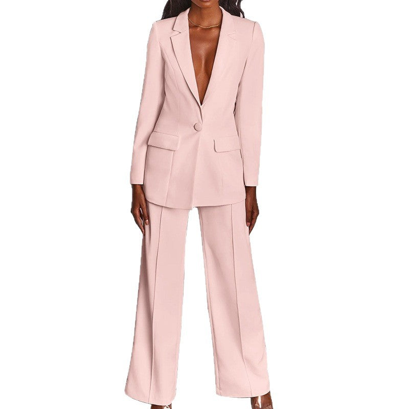 Ladies Elegant Two-Piece Suit with Tailored Long Blazer and Wide Pleated Pant Leg Mune Fashion