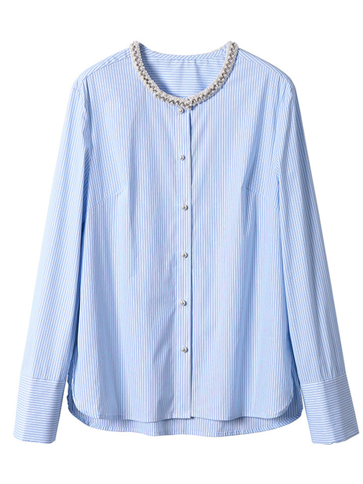 Women Striped Blouse with Beaded Round Neck, Hidden Button Placket and Extra Long Cuffs Mune Fashion