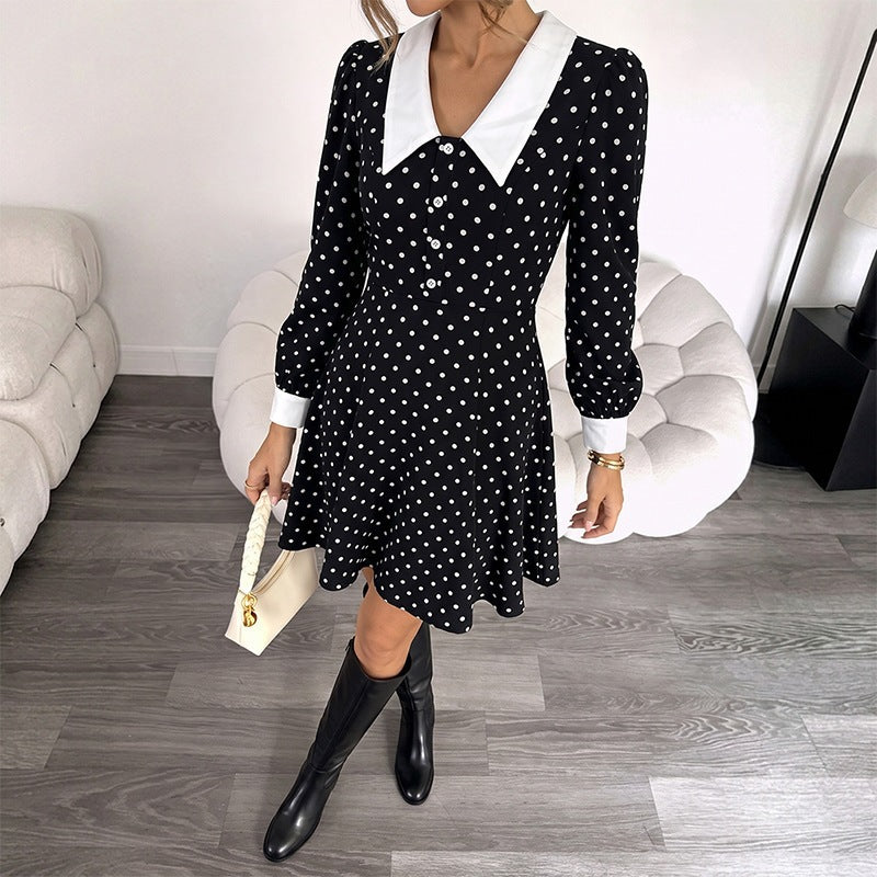 Women's Elegant Polka Dot Mini Dress with Collar Mune Fashion