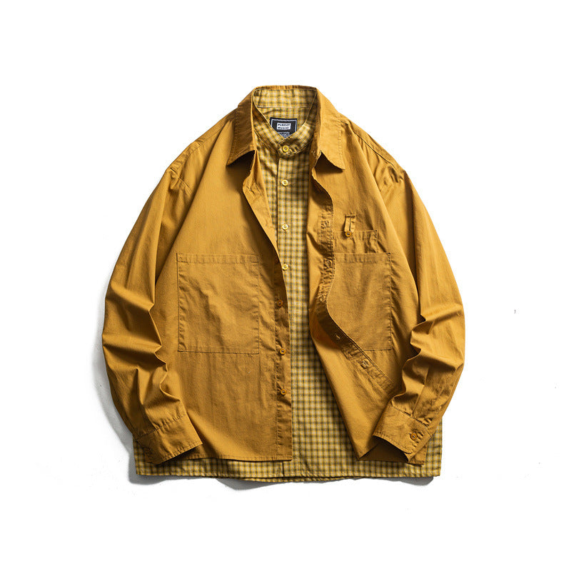 Unisex Oversized Shirt Jacket in Layered Look with Patch Chest Pockets and Check Insert Edge Mune Fashion
